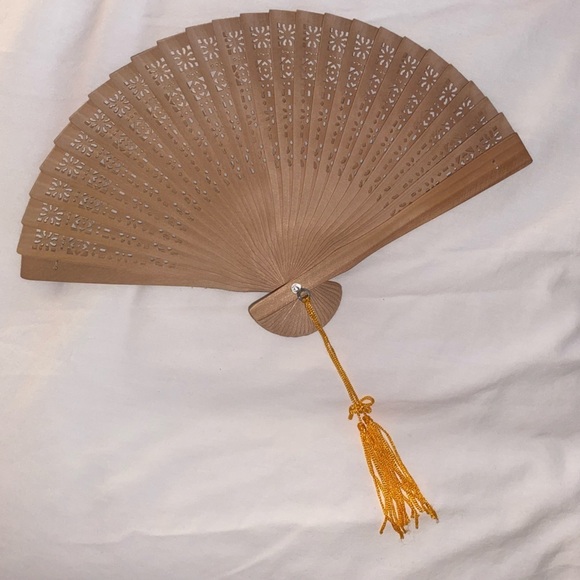 Accessories - CHINESE FLOWER BAMBOO FOLDING HAND FAN + BOX + YELLOW TASSEL